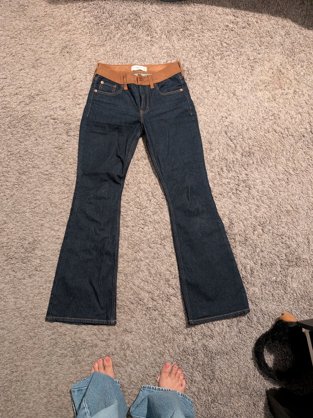 Abercrombie & Fitch Dark Indigo Flare Jeans with Brown Waistband